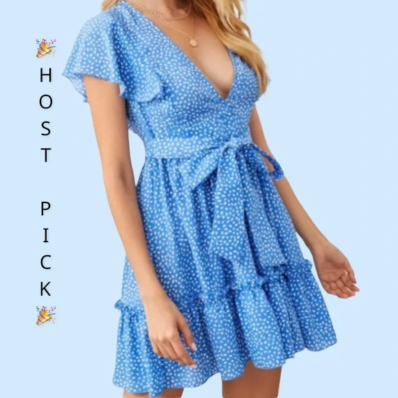 Blue Flutter Sleeve Frill Hemline Trim Dalmatian Dress - Picture 1 of 14